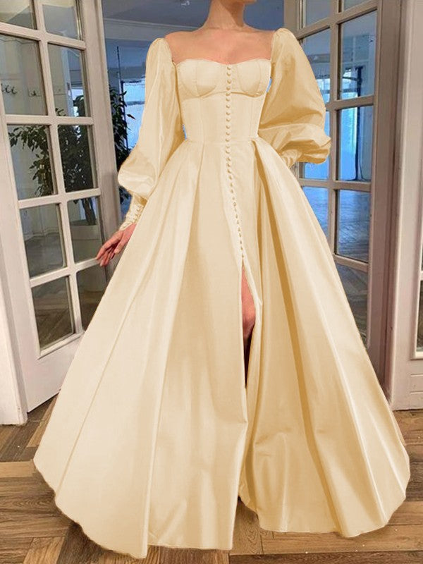 A-Line/Princess Long Sleeves Square Ruffles Satin Floor-Length Prom Dress