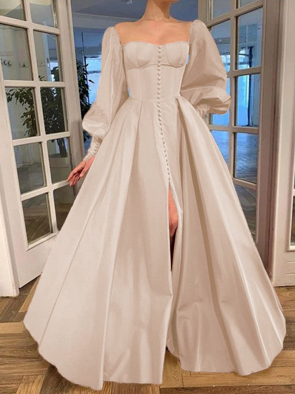 A-Line/Princess Long Sleeves Square Ruffles Satin Floor-Length Prom Dress