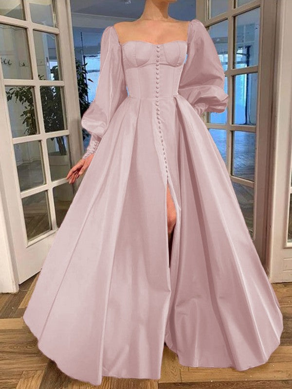 A-Line/Princess Long Sleeves Square Ruffles Satin Floor-Length Prom Dress