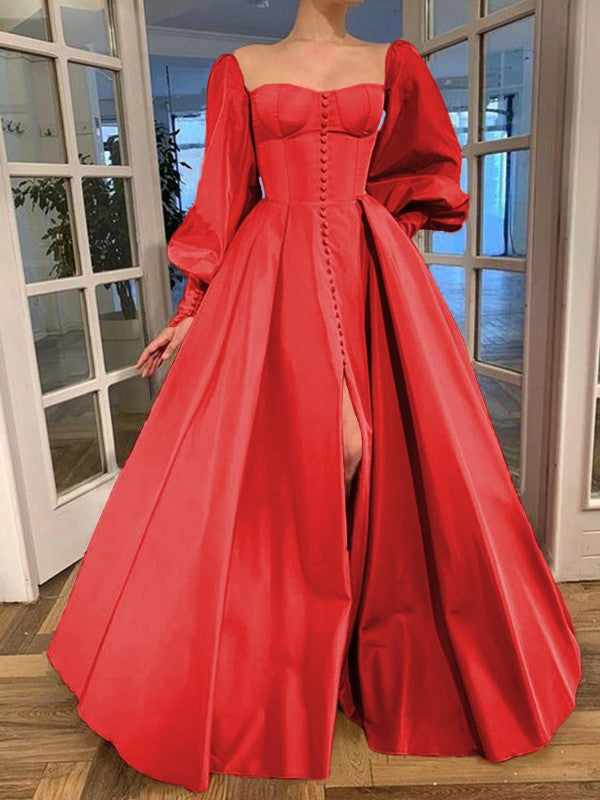 A-Line/Princess Long Sleeves Square Ruffles Satin Floor-Length Prom Dress