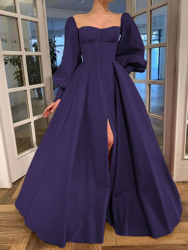 A-Line/Princess Long Sleeves Square Ruffles Satin Floor-Length Prom Dress