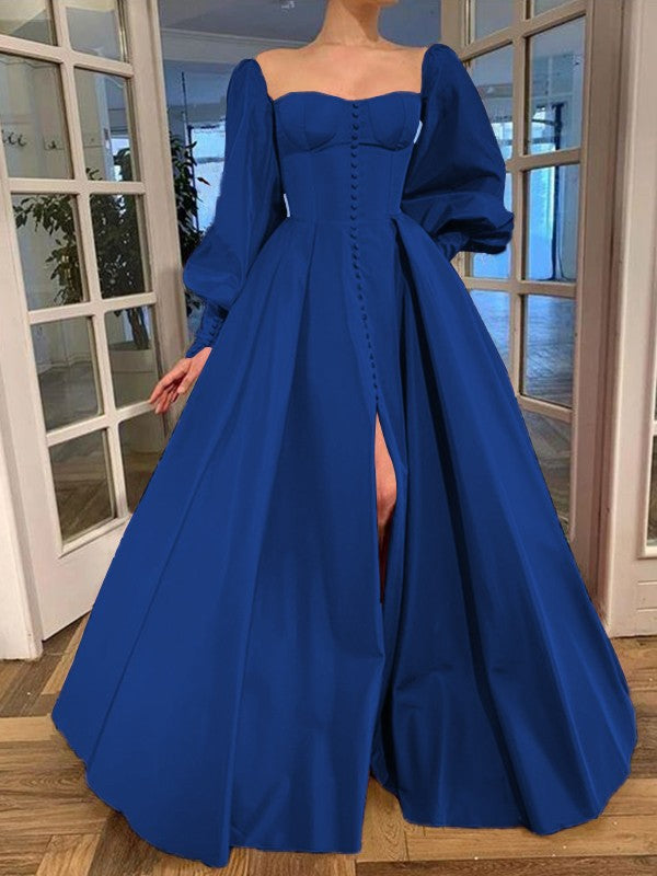 A-Line/Princess Long Sleeves Square Ruffles Satin Floor-Length Prom Dress