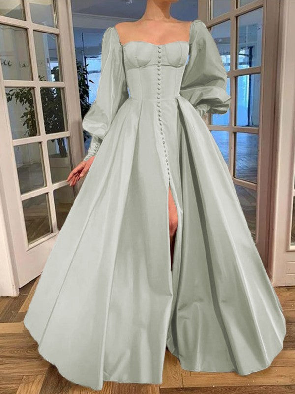 A-Line/Princess Long Sleeves Square Ruffles Satin Floor-Length Prom Dress