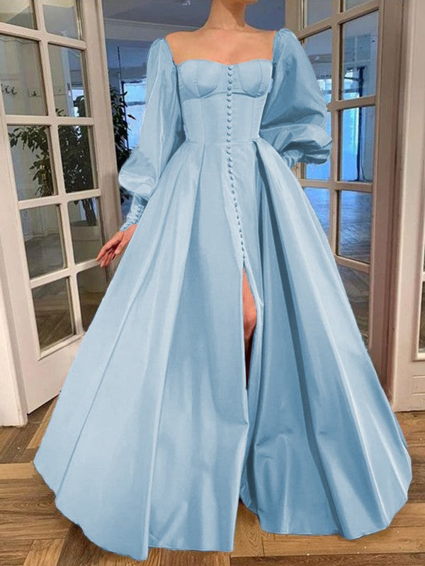 A-Line/Princess Long Sleeves Square Ruffles Satin Floor-Length Prom Dress