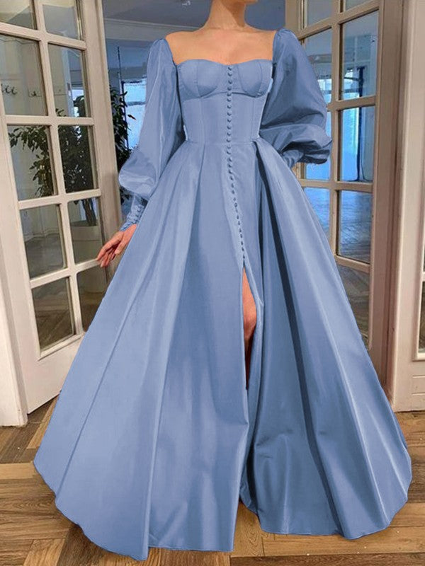 A-Line/Princess Long Sleeves Square Ruffles Satin Floor-Length Prom Dress
