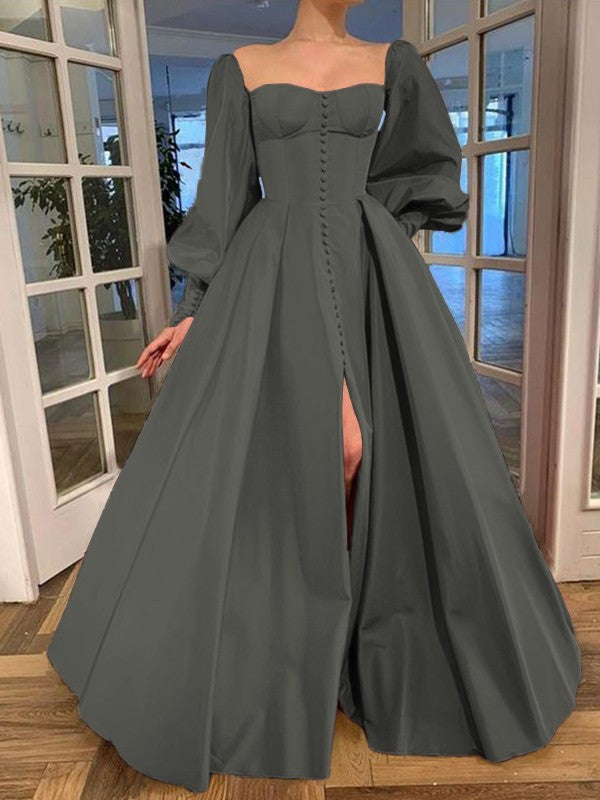 A-Line/Princess Long Sleeves Square Ruffles Satin Floor-Length Prom Dress