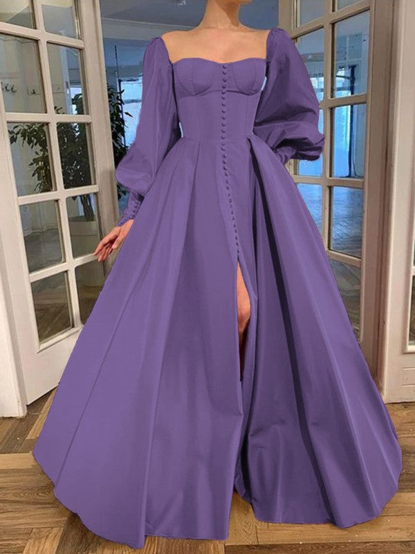 A-Line/Princess Long Sleeves Square Ruffles Satin Floor-Length Prom Dress