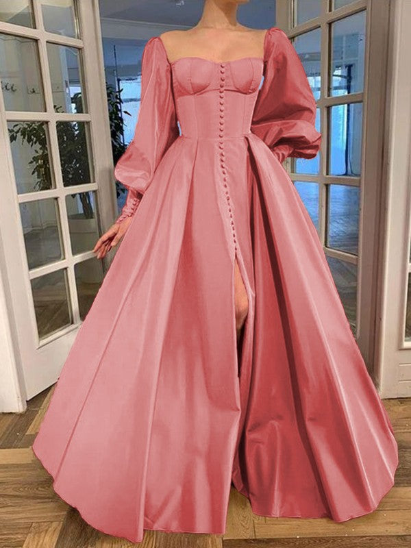 A-Line/Princess Long Sleeves Square Ruffles Satin Floor-Length Prom Dress