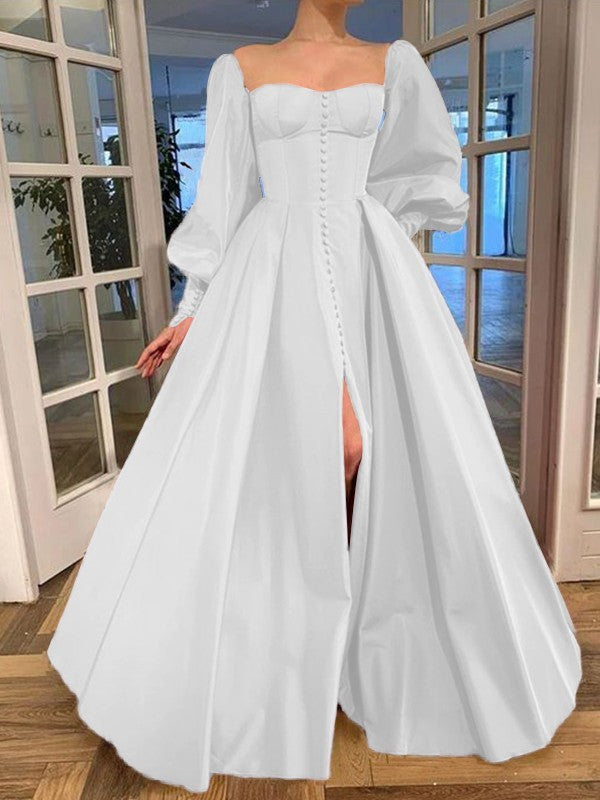 A-Line/Princess Long Sleeves Square Ruffles Satin Floor-Length Prom Dress