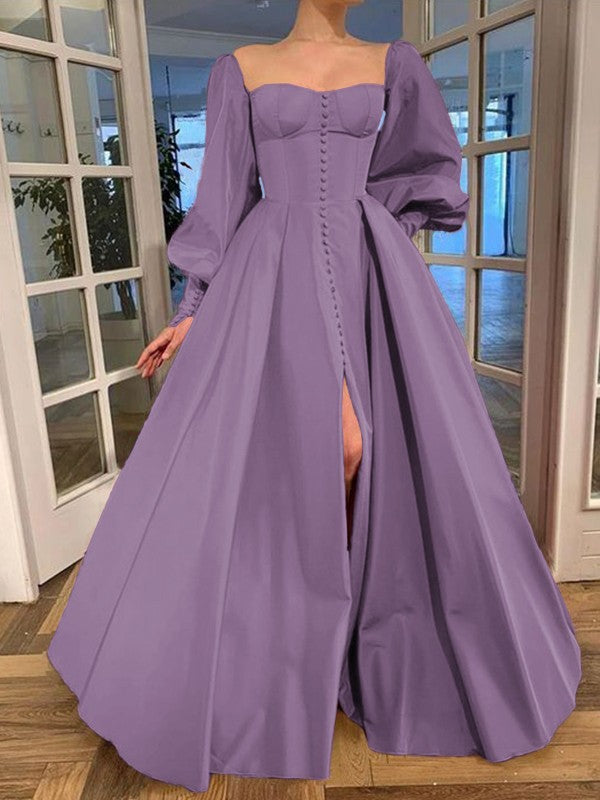 A-Line/Princess Long Sleeves Square Ruffles Satin Floor-Length Prom Dress