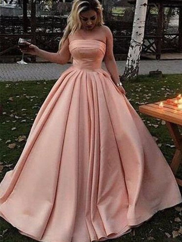Ball Gown Satin Strapless Ruffles Sleeveless Sweep/Brush Train Prom Dress