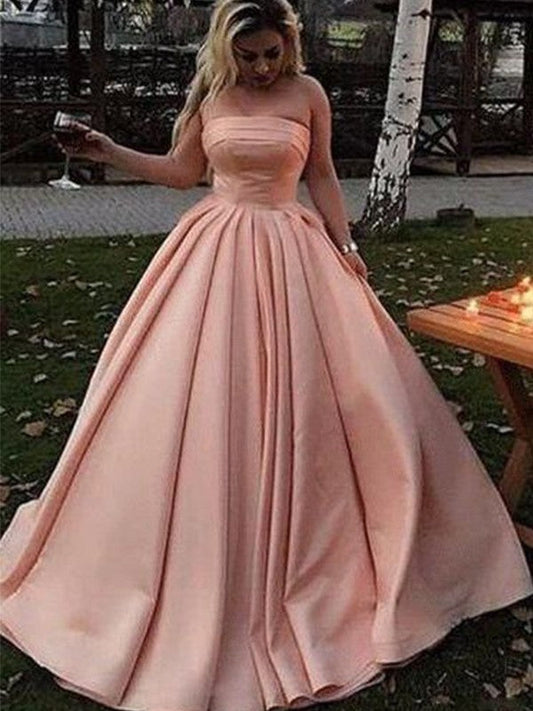 Ball Gown Satin Strapless Ruffles Sleeveless Sweep/Brush Train Prom Dress