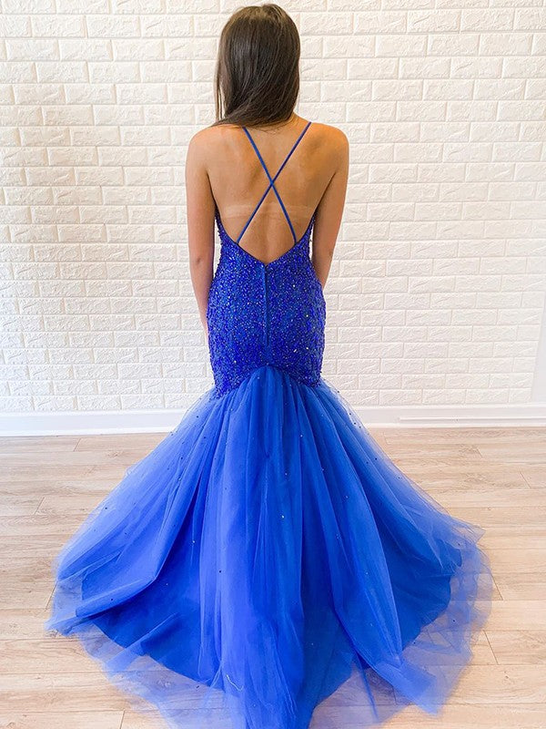 Trumpet/Mermaid Tulle Beading Halter Sleeveless Sweep/Brush Train Prom Dress