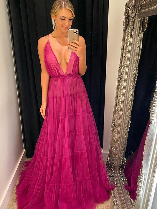A-Line/Princess Tulle V-neck Ruffles Sleeveless Sweep/Brush Train Prom Dress