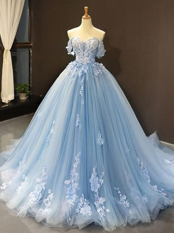 Ball Gown Tulle Off-the-Shoulder Sleeveless Applique Chapel Train Prom Dress