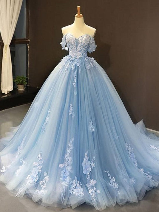 Ball Gown Tulle Off-the-Shoulder Sleeveless Applique Chapel Train Prom Dress