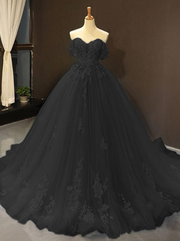 Ball Gown Tulle Off-the-Shoulder Sleeveless Applique Chapel Train Prom Dress