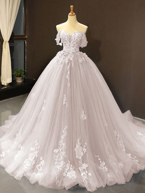 Ball Gown Tulle Off-the-Shoulder Sleeveless Applique Chapel Train Prom Dress