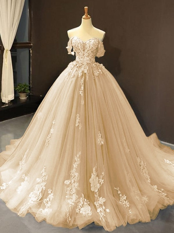 Ball Gown Tulle Off-the-Shoulder Sleeveless Applique Chapel Train Prom Dress