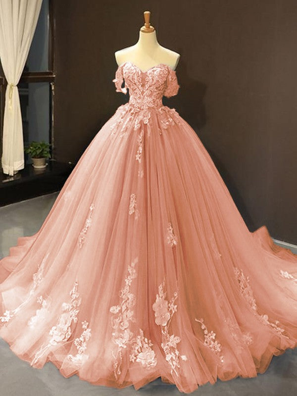 Ball Gown Tulle Off-the-Shoulder Sleeveless Applique Chapel Train Prom Dress
