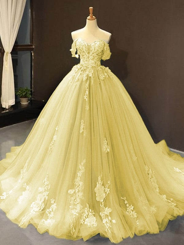 Ball Gown Tulle Off-the-Shoulder Sleeveless Applique Chapel Train Prom Dress