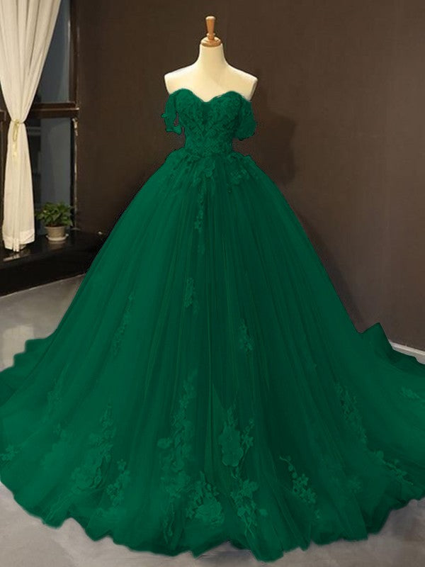Ball Gown Tulle Off-the-Shoulder Sleeveless Applique Chapel Train Prom Dress