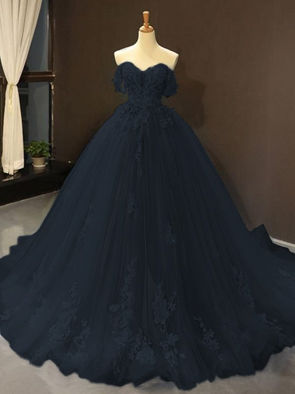 Ball Gown Tulle Off-the-Shoulder Sleeveless Applique Chapel Train Prom Dress