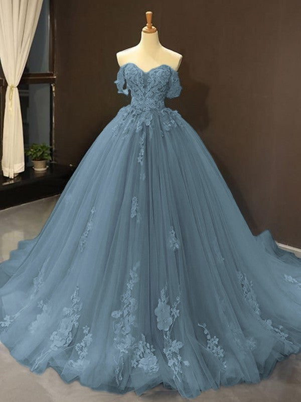 Ball Gown Tulle Off-the-Shoulder Sleeveless Applique Chapel Train Prom Dress