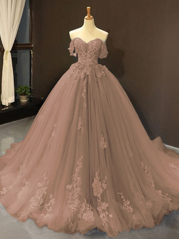 Ball Gown Tulle Off-the-Shoulder Sleeveless Applique Chapel Train Prom Dress
