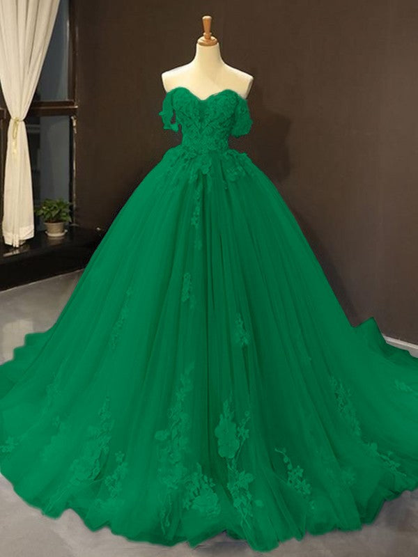 Ball Gown Tulle Off-the-Shoulder Sleeveless Applique Chapel Train Prom Dress