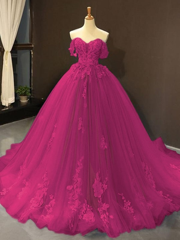 Ball Gown Tulle Off-the-Shoulder Sleeveless Applique Chapel Train Prom Dress