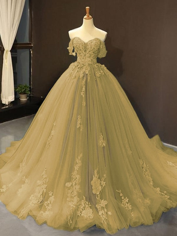 Ball Gown Tulle Off-the-Shoulder Sleeveless Applique Chapel Train Prom Dress