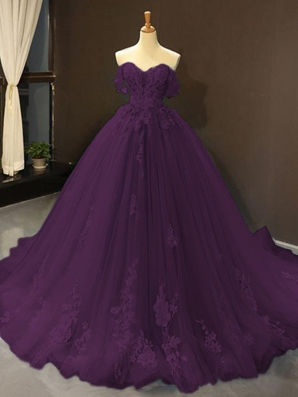 Ball Gown Tulle Off-the-Shoulder Sleeveless Applique Chapel Train Prom Dress