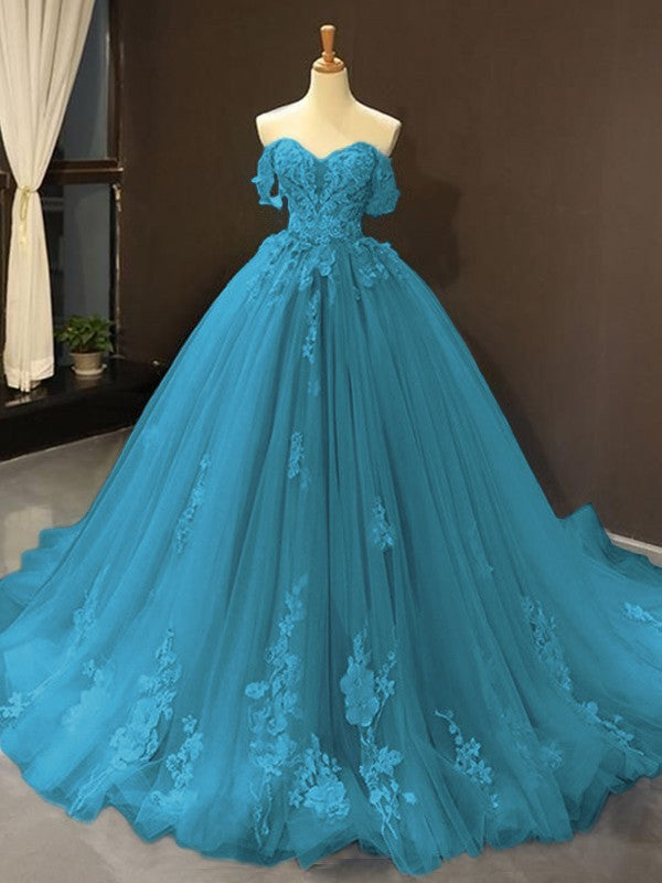 Ball Gown Tulle Off-the-Shoulder Sleeveless Applique Chapel Train Prom Dress