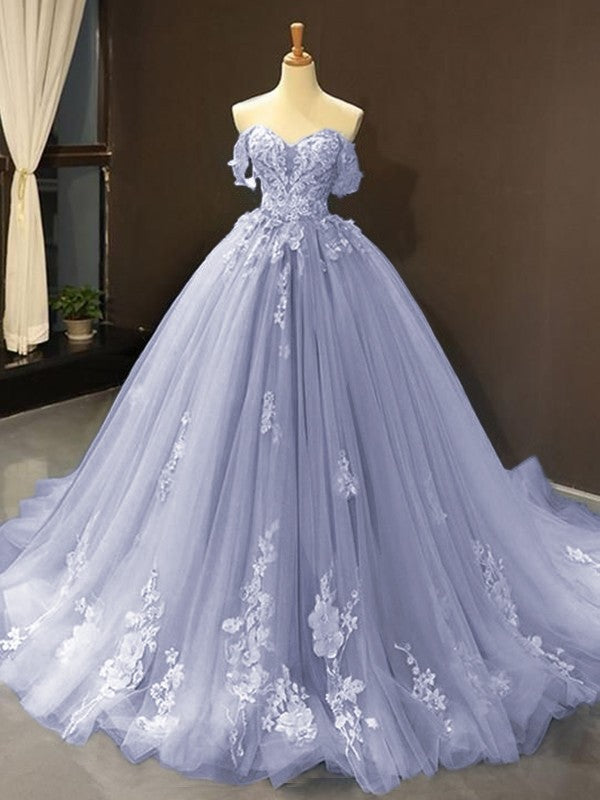 Ball Gown Tulle Off-the-Shoulder Sleeveless Applique Chapel Train Prom Dress