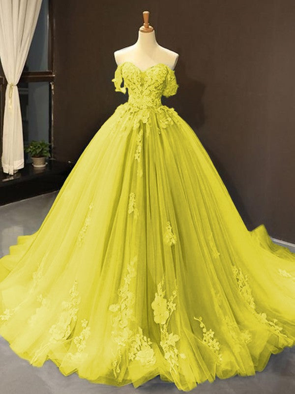 Ball Gown Tulle Off-the-Shoulder Sleeveless Applique Chapel Train Prom Dress