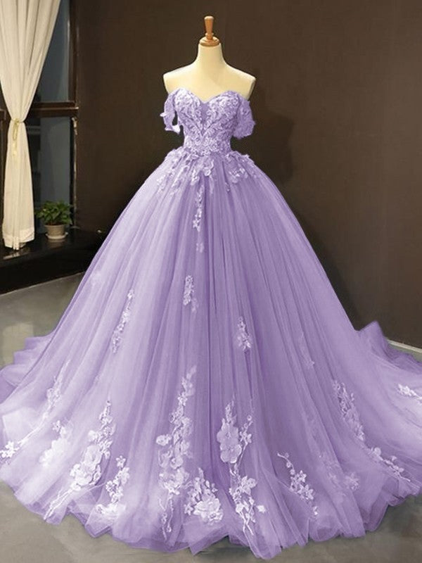 Ball Gown Tulle Off-the-Shoulder Sleeveless Applique Chapel Train Prom Dress