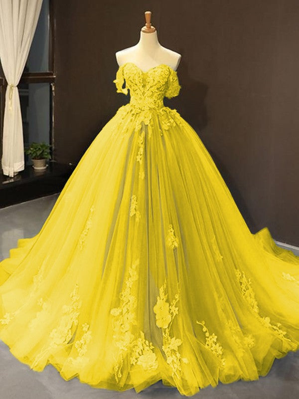 Ball Gown Tulle Off-the-Shoulder Sleeveless Applique Chapel Train Prom Dress