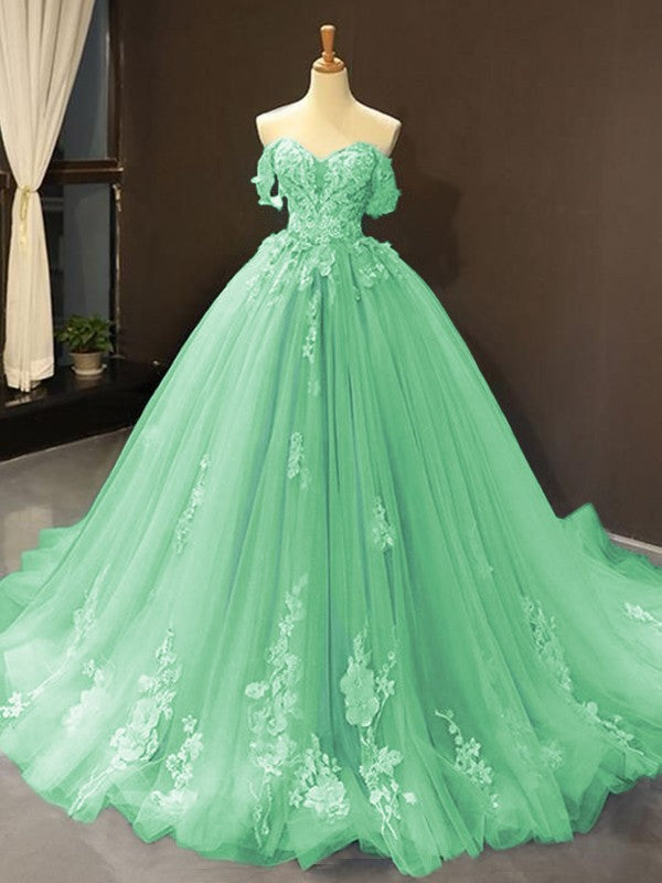 Ball Gown Tulle Off-the-Shoulder Sleeveless Applique Chapel Train Prom Dress
