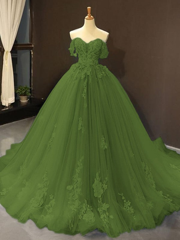 Ball Gown Tulle Off-the-Shoulder Sleeveless Applique Chapel Train Prom Dress