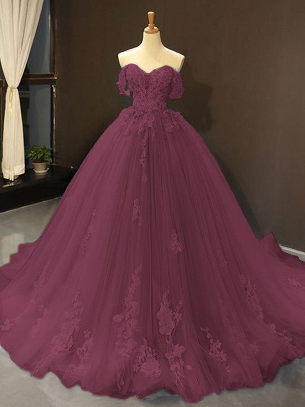 Ball Gown Tulle Off-the-Shoulder Sleeveless Applique Chapel Train Prom Dress