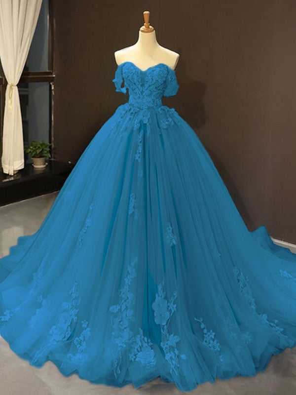 Ball Gown Tulle Off-the-Shoulder Sleeveless Applique Chapel Train Prom Dress