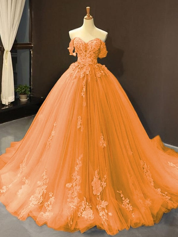 Ball Gown Tulle Off-the-Shoulder Sleeveless Applique Chapel Train Prom Dress