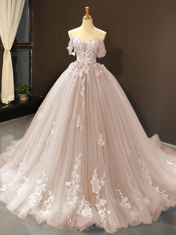 Ball Gown Tulle Off-the-Shoulder Sleeveless Applique Chapel Train Prom Dress