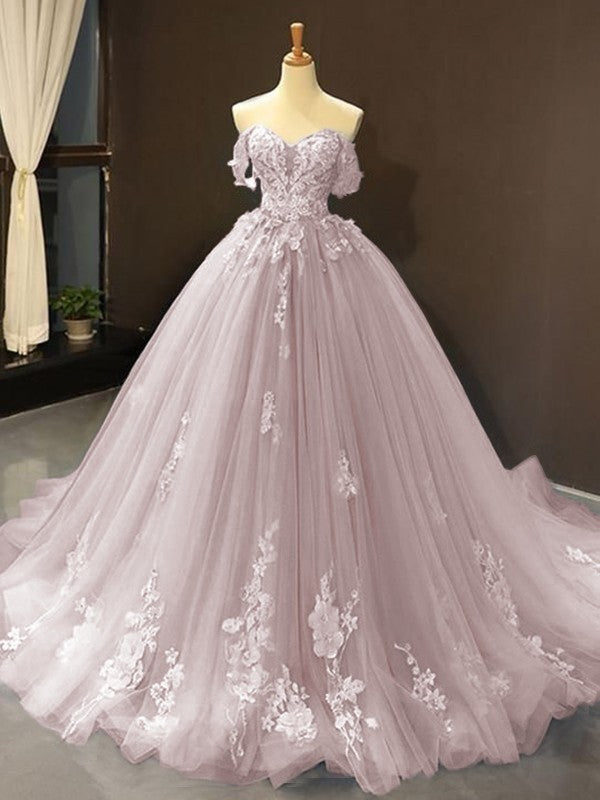 Ball Gown Tulle Off-the-Shoulder Sleeveless Applique Chapel Train Prom Dress