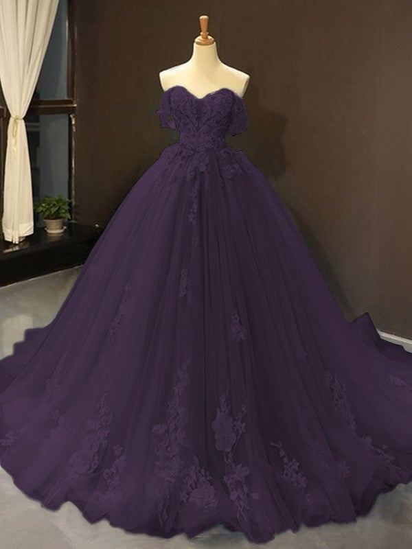 Ball Gown Tulle Off-the-Shoulder Sleeveless Applique Chapel Train Prom Dress