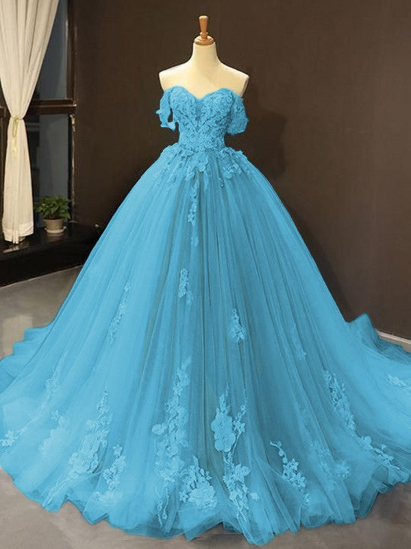 Ball Gown Tulle Off-the-Shoulder Sleeveless Applique Chapel Train Prom Dress