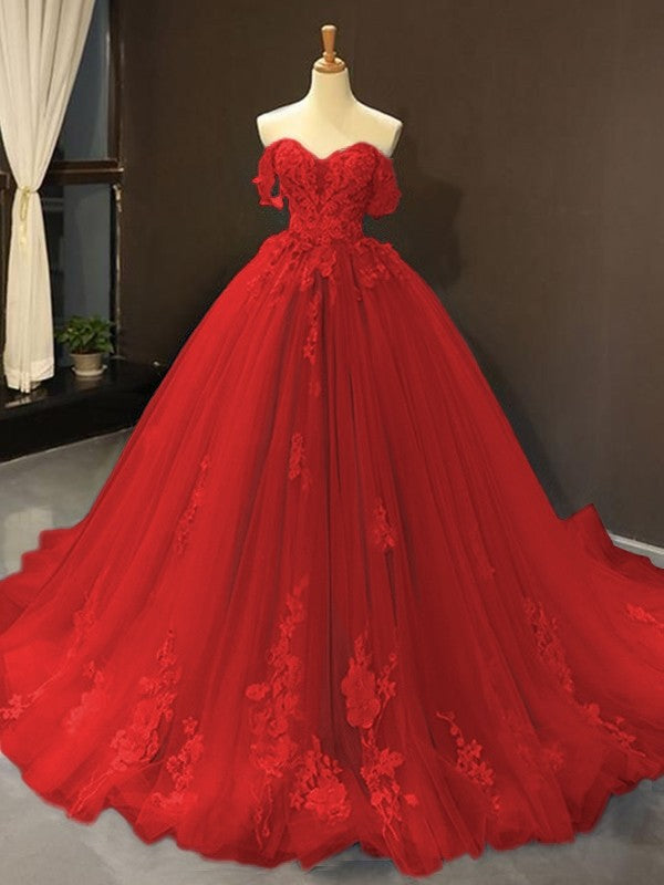 Ball Gown Tulle Off-the-Shoulder Sleeveless Applique Chapel Train Prom Dress