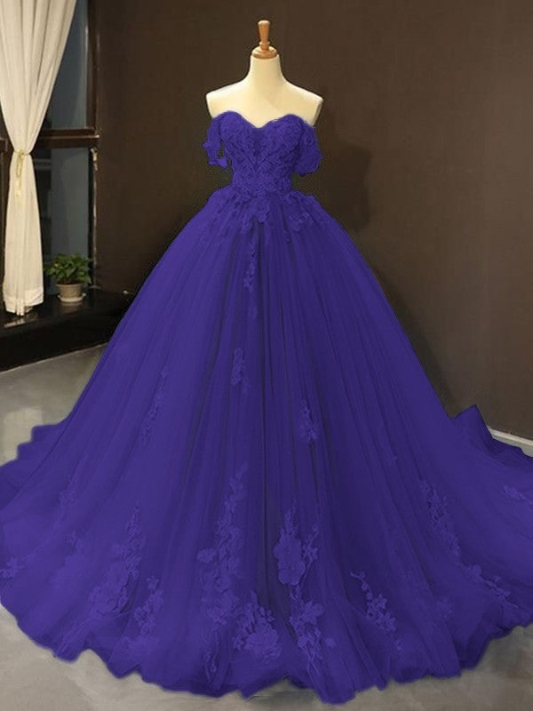 Ball Gown Tulle Off-the-Shoulder Sleeveless Applique Chapel Train Prom Dress