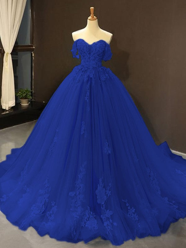 Ball Gown Tulle Off-the-Shoulder Sleeveless Applique Chapel Train Prom Dress